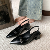 鞋 夏包头浅口粗跟凉鞋 尖头中跟配裙子高跟鞋 水钻单鞋 子 女2026新款