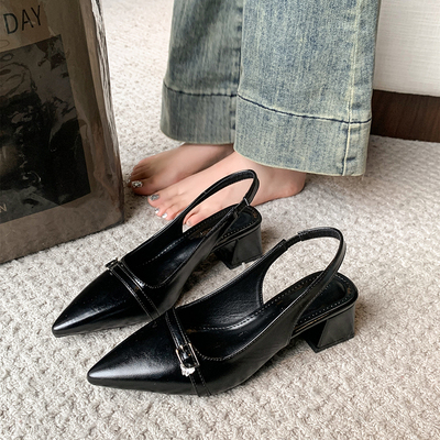 尖头中跟粗跟浅口包头凉鞋女