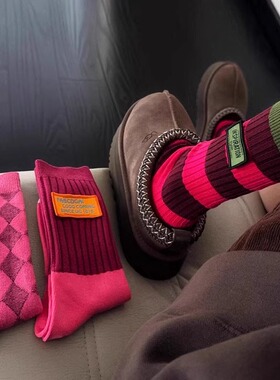 袜子女布标条纹拼色菱形女中筒袜ins潮双针玫红色系女袜子堆堆袜