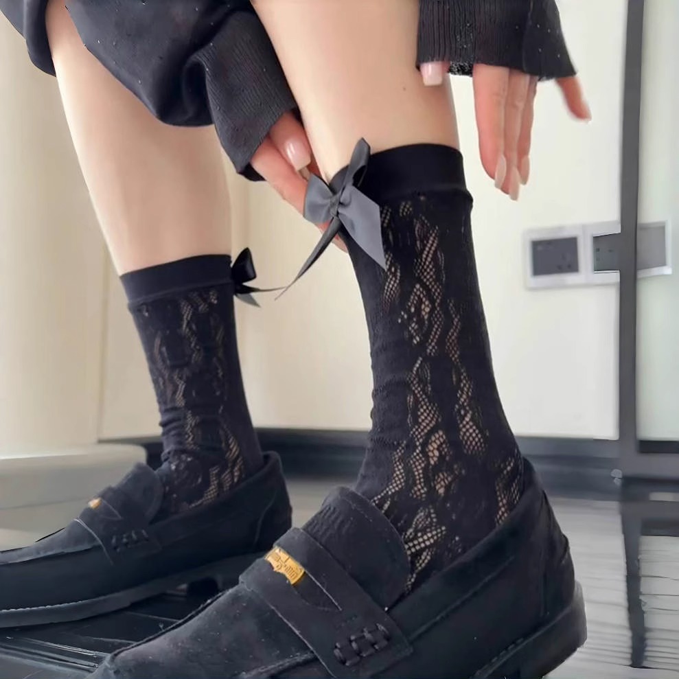 【3双装】春季日系蕾丝甜美少女袜子~镂空麻花蝴蝶结小腿堆堆袜女