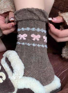 【5双装】甜甜的粉棕蝴蝶结费尔岛好美~暖呼呼的好穿暖冬羊毛袜女