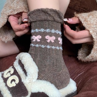 暖呼呼 粉棕蝴蝶结费尔岛好美 甜甜 好穿暖冬羊毛袜女 5双装