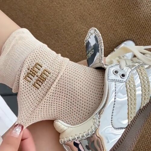【4双装】夏季袜子女中筒薄款堆堆袜miu风纯色刺绣镂空网眼长袜