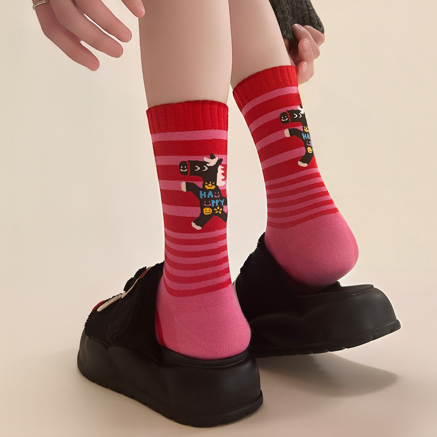 【6双装】本命年马年卡通设计新年袜子~过年喜庆送礼大红中筒棉袜