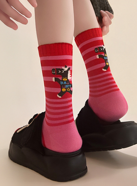 【6双装】本命年马年卡通设计新年袜子~过年喜庆送礼大红中筒棉袜