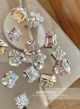 AONNAIL【钻】绑带礼物盒钻大歪心方形蝴蝶锆石成品堆钻穿戴甲
