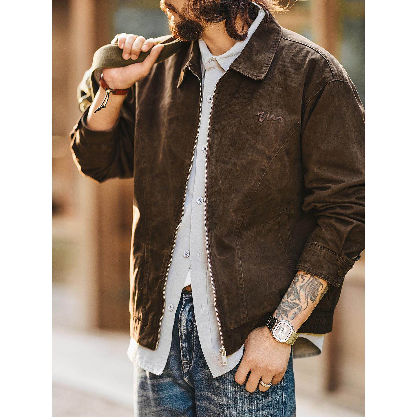 高端美式复古纯棉翻领夹克男2026春季款刺绣飞行员工装外套