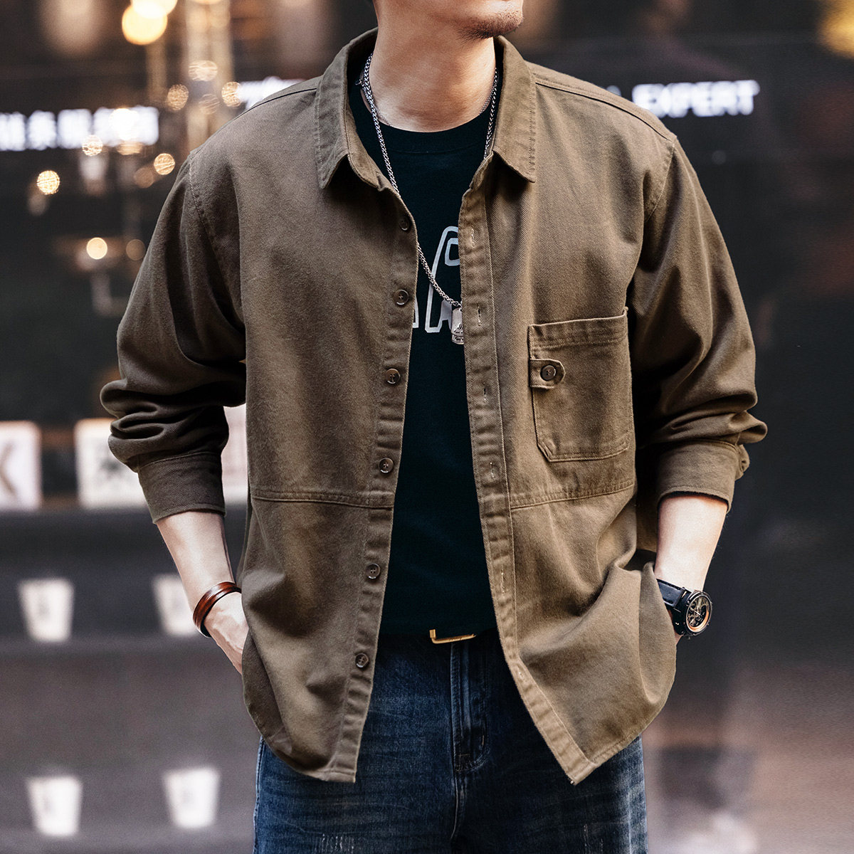 美式重磅设计感工装衬衫男2026春秋新款宽松长袖衬衫衣外套