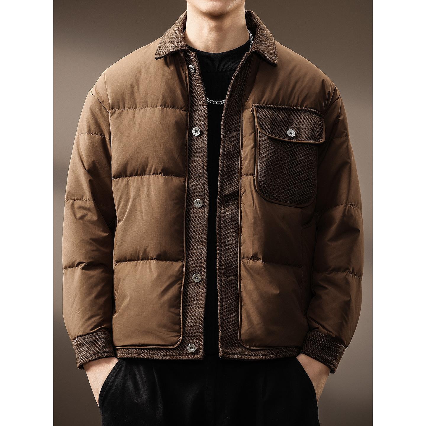 高端美式轻薄拼接设计感羽绒服男秋冬潮牌时尚翻领保暖防寒外套男