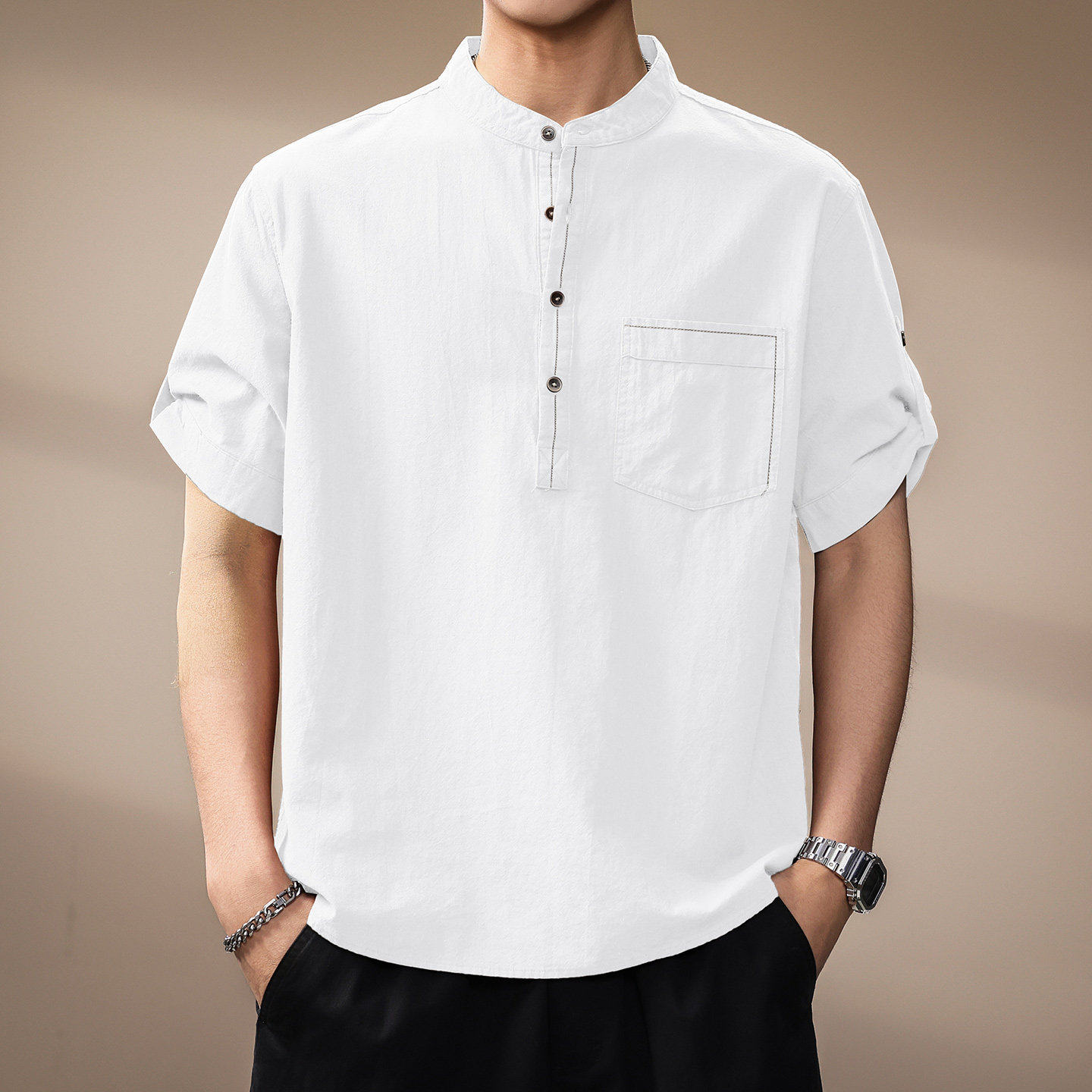 高端简约纯棉亨利领短袖衬衫男夏季纯色复古休闲宽松潮流立领T恤