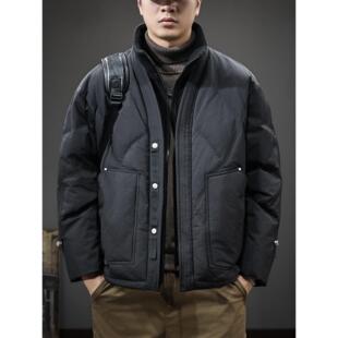 美式香蕉领菱格保暖加厚羽绒服男冬季新款高级感宽松通勤工装外套