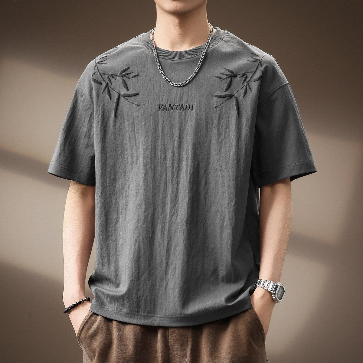 高端国风印花亚麻透气短袖T恤男夏季薄款宽松大码轻薄速干体恤男