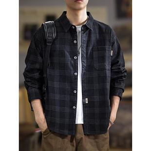秋季高级感格子长袖衬衫男2025新款秋季大码宽松痞帅男款衬衣外套