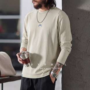 230G重磅纯棉长袖T恤男士春季新款简约百搭宽松圆领刺绣休闲上衣