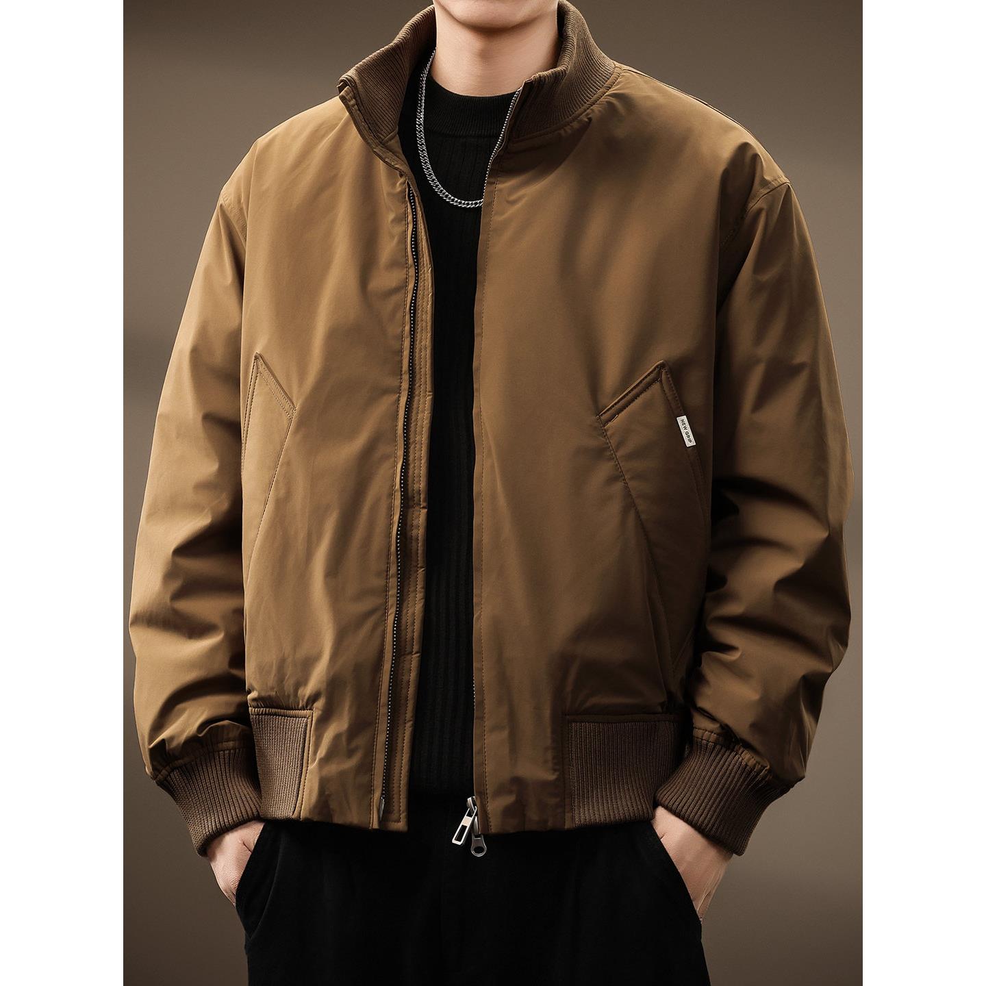 高端90白鸭绒美式复古立领羽绒服男冬季保暖宽松工装飞行夹克外套