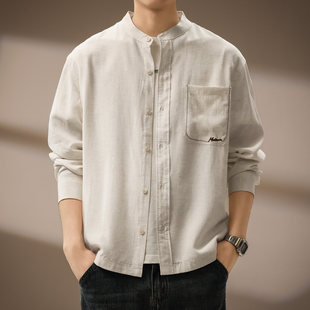 高端莱赛尔亚麻老钱风衬衣男春秋宽松通勤松弛感长袖立领休闲衬衫