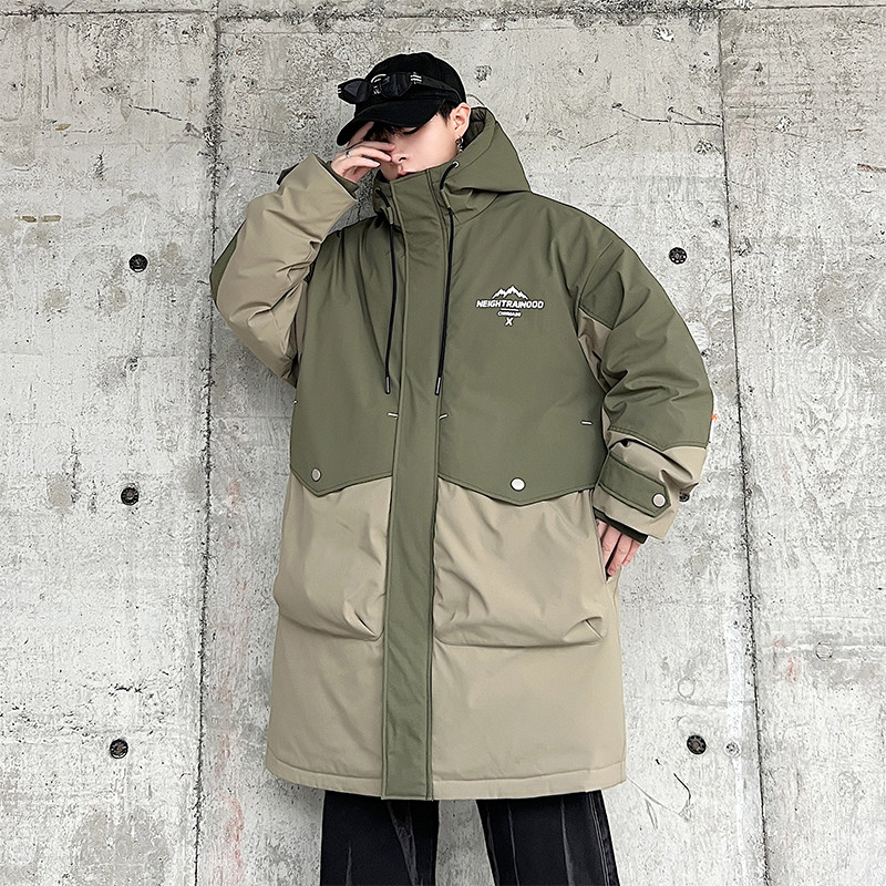 GM绿色拼接大码男装羽绒服男中长款潮胖子户外连帽加肥加大码外套