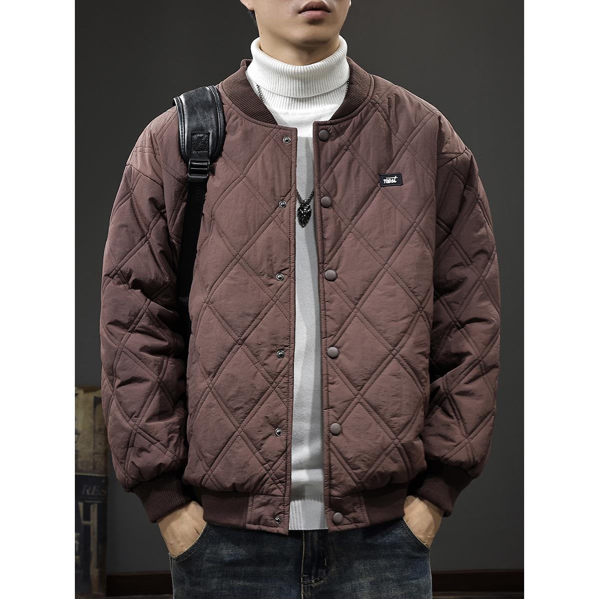 2025冬季美式潮流菱形格男士棉衣外套ins百搭宽松加厚棒球服夹克