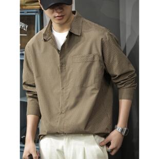 春季2026复古翻领格子衬衫男新款细格纹长袖上衣宽松美式衬衣外套