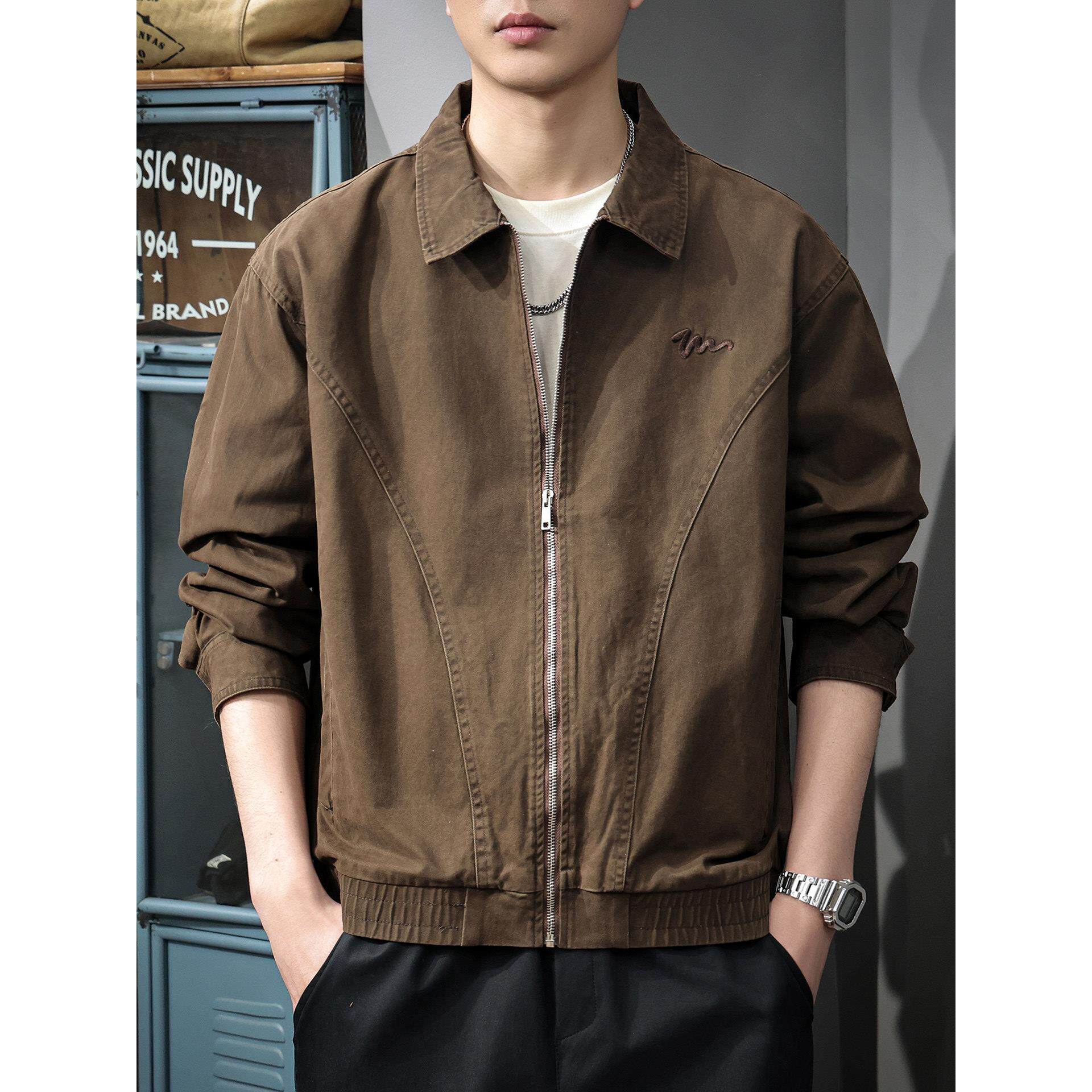 2026春季新款纯棉翻领夹克男美式复古刺绣上衣男士飞行员工装外套