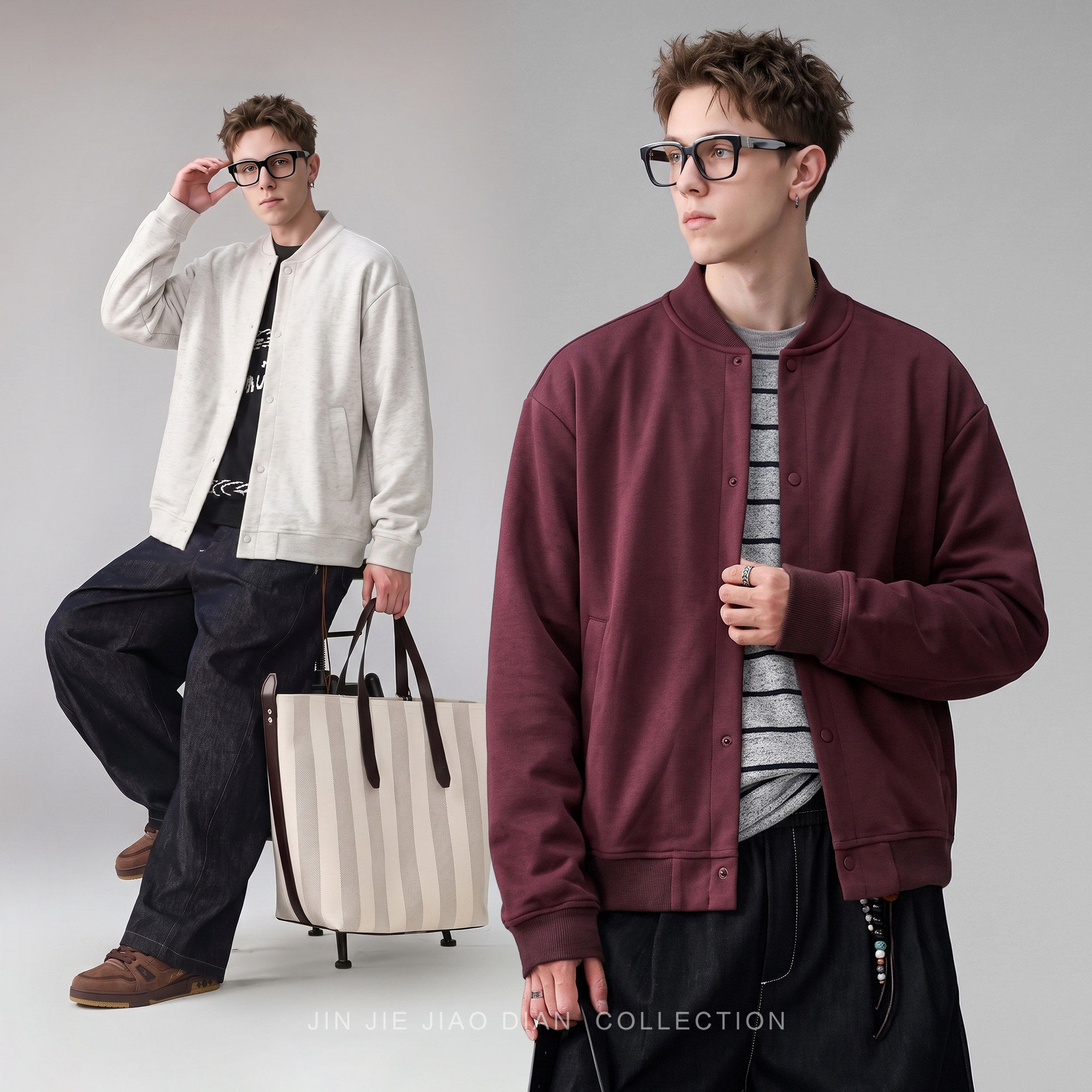 玫瑰酒红高定老钱风精梳棉混纺棒球领外套男士2026秋季开衫卫衣男