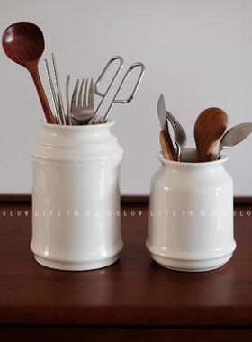 日式陶瓷厨房收纳罐 白色餐具收纳罐 筷子笼餐具工具筒