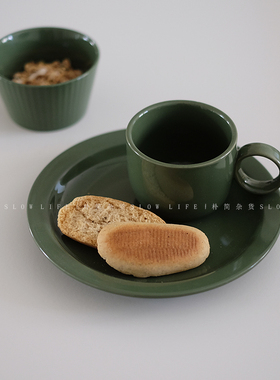 朴简杂货 清凉的墨绿色陶瓷碗盘 咖啡杯酸奶麦片碗西餐盘子8586