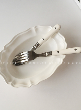 韩国ins风奶油白手柄不锈钢叉勺西餐餐具 甜品叉勺8354