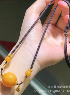 原创设计手工编织天然鸡油黄蜜蜡老花蜡单珠新中式国风项链锁骨链
