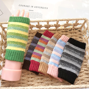 歌诺达秋冬新品韩版女式条纹拼接毛线针织半指触屏手套学生写字