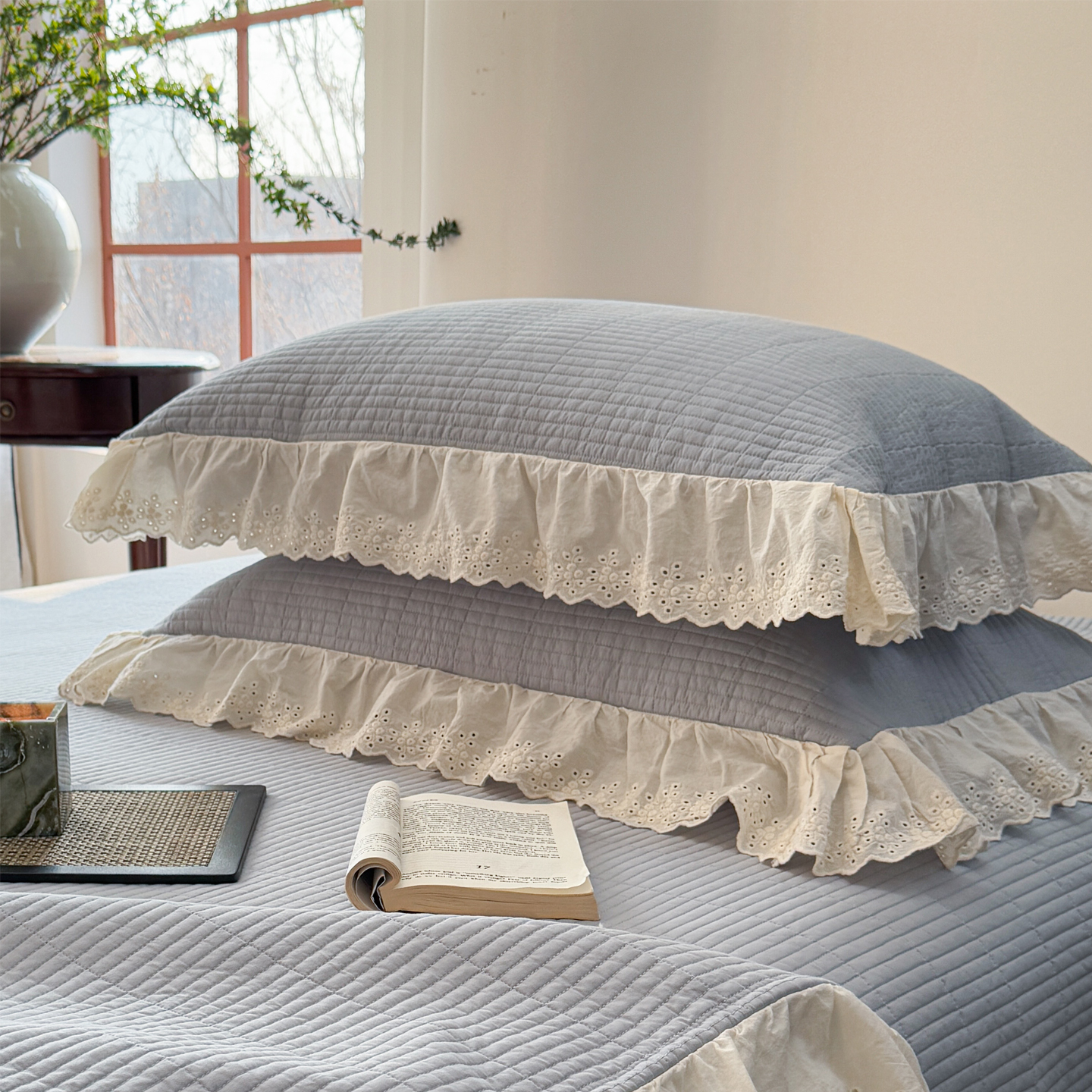 简约加厚夹棉花边绗缝纯色枕芯套