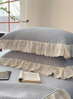 简约现代全棉纯色夹棉绗缝加厚花边纯棉枕套48x74家用枕芯内胆套