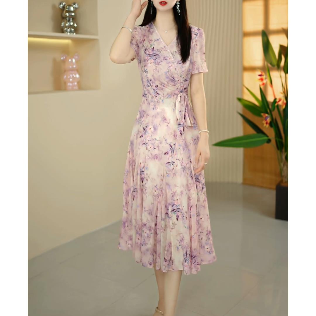 气质修身V领连衣裙女2025夏季新款妈妈装洋气显瘦减龄中长鱼尾裙