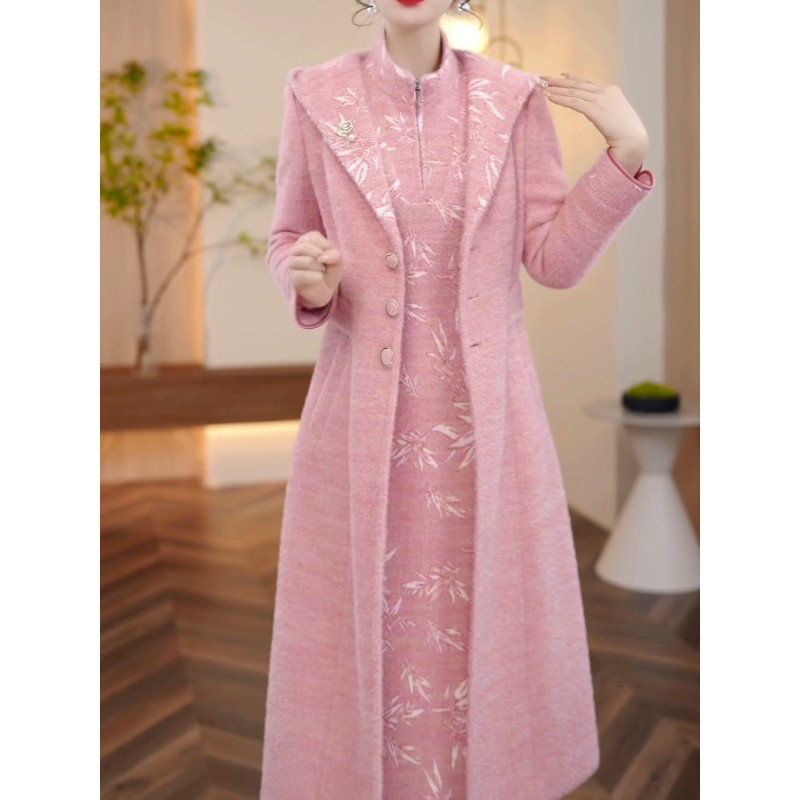 高端时尚加厚套装2025秋冬新款女士端庄显瘦减龄连衣裙大衣两件套