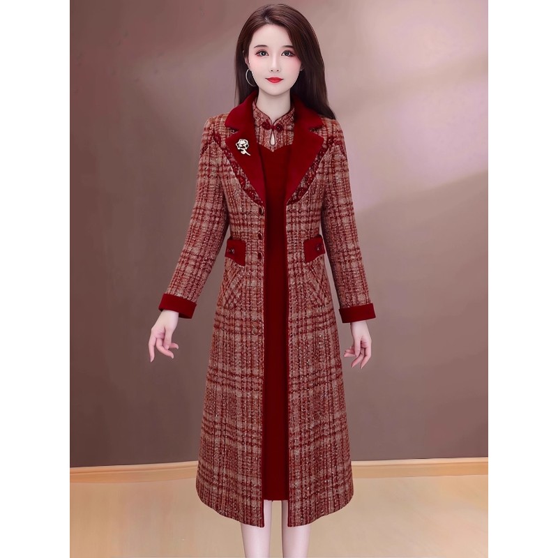 贵夫人国风时尚套装女2025年冬季新款妈妈装端庄大气连衣裙两件套