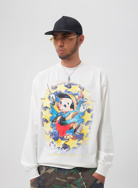 ComicTree C.t 2025秋季新款做旧匹诺曹圆领长袖T恤男士上衣纯棉