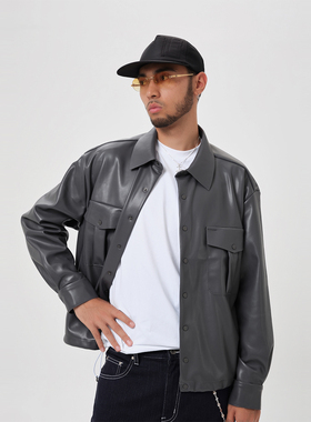 ComicTree C.t 2025秋季亮面PU皮翻领口袋衬衣夹克男士新款外套潮