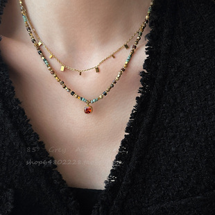 轻奢复古天然石方糖吊坠串珠项链女小众高级感叠戴锁骨链气质颈链