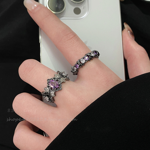 暗黑风小众镶钻戒指女独特夸张设计感紫钻开口食指戒个性轻奢手饰