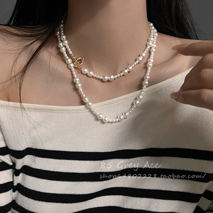 轻奢高级感施家珍珠项链女小众设计双层叠戴锁骨链法式颈链毛衣链