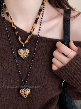 复古爱心土星豹纹项链秋冬女美式