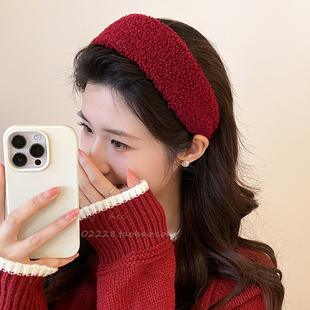 新年红色羊羔毛宽边发箍女秋冬气质高颅顶头箍压发洗脸显脸小发卡