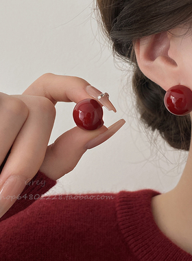 复古气质安可拉红色滴釉圆球耳钉女秋冬高级感百搭耳环轻奢耳饰品