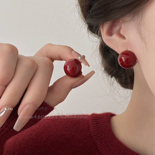 复古气质安可拉红色滴釉圆球耳钉