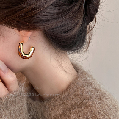 美拉德复古琥珀色耳圈C形耳环女