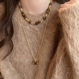 复古气质美拉德虎眼石款吊坠项链女秋冬气质长款毛衣链高级感颈链