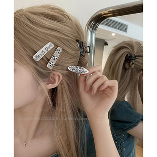 潮流侧边夹高级感刘海一字夹发卡 暗黑风复古做旧十字架发夹女时尚