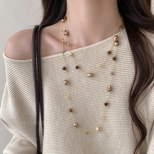 复古不规则虎眼石长款多戴式项链女高级感小众设计毛衣链配饰颈链