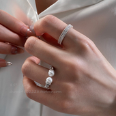 中古风麻花珍珠满钻锆石开口戒指女叠戴组合食指戒小众设计指环