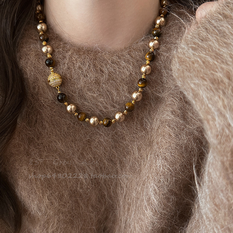 美拉德虎眼石款珍珠拼接项链